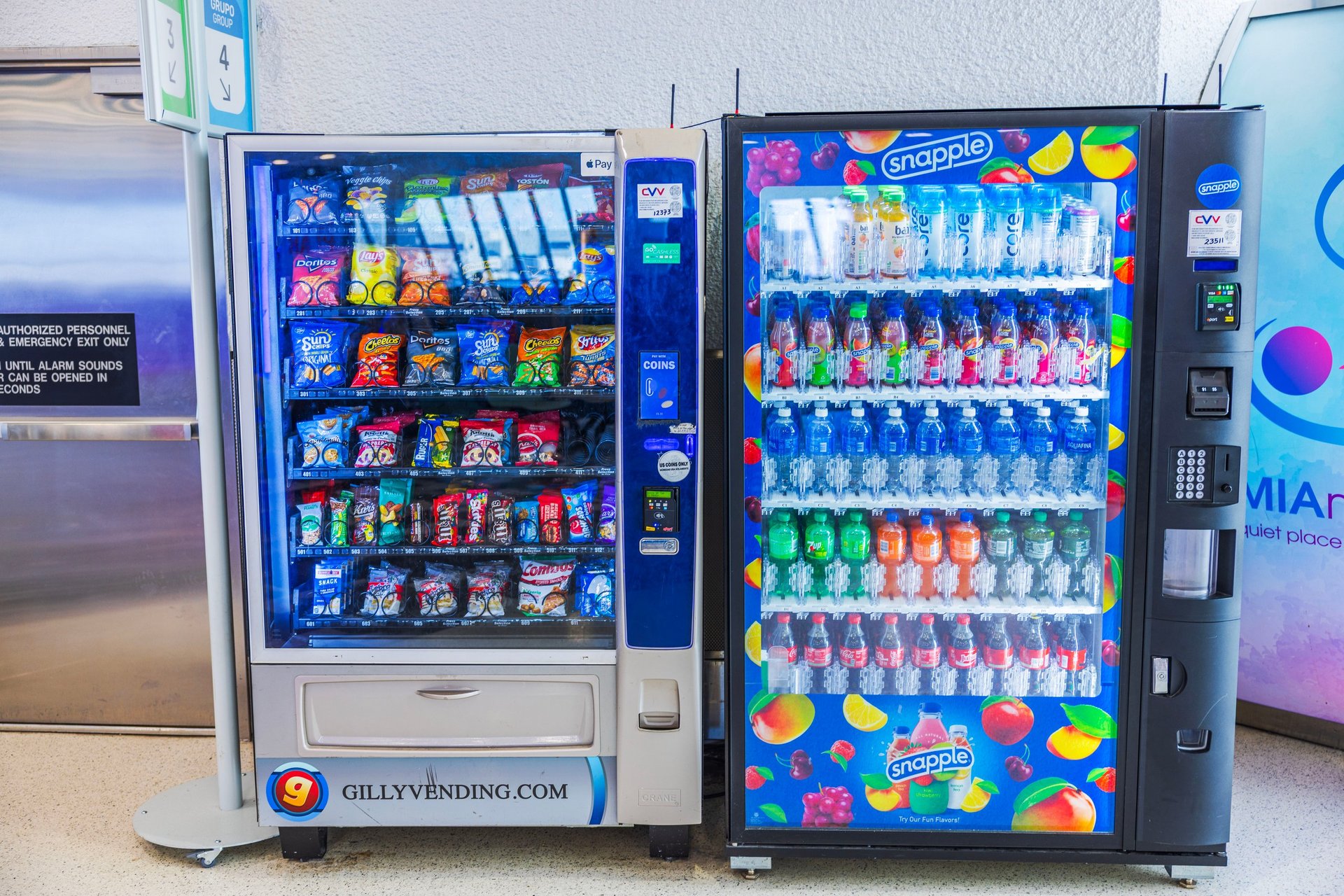 Vending machines with snacks and Snapple drinks
