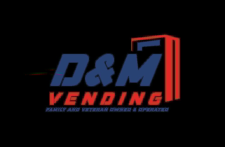 D&M Vending logo featuring blue text with red pump graphic and tagline for family-owned vending operator